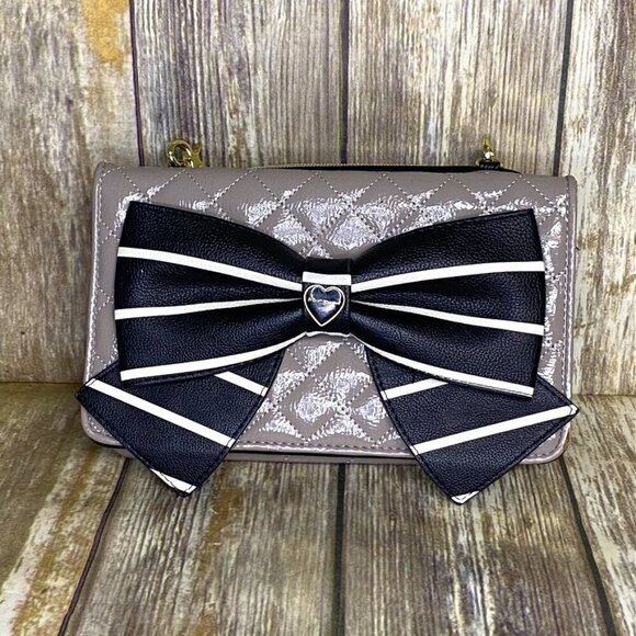 Betsey Johnson Handbags - Betsey Johnson Tan Quilted Faux Leather Striped Bow Small Crossbody Shoulder Bag